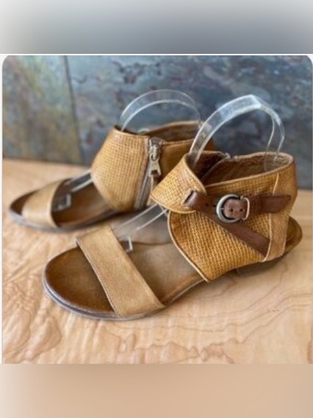 Miz Mooz Tan Woven Leather Ankle Strap Sandals